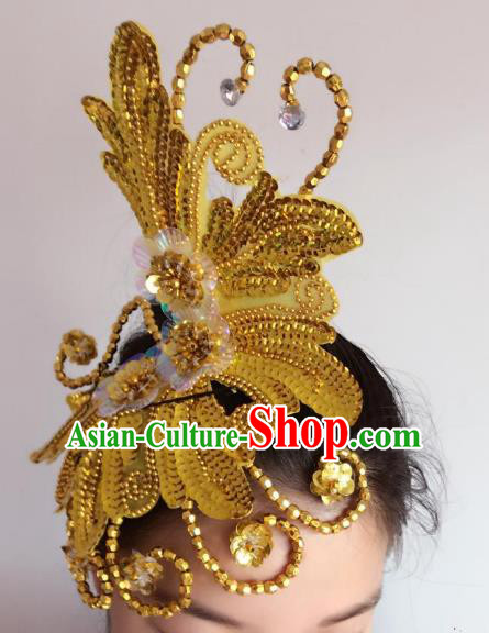 Chinese Classical Yangge Folk Fan Dance Hair Accessories Yangko Golden Paillette Headwear for Women