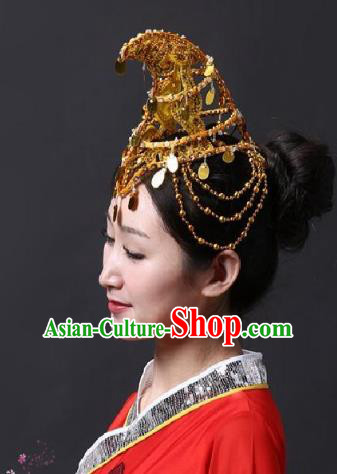 Chinese Classical Yangge Folk Fan Dance Hair Accessories Yangko Golden Paillette Tassel Headwear for Women