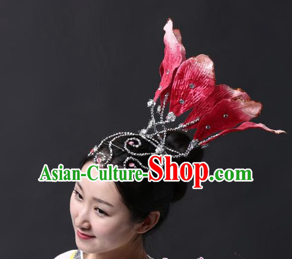 Chinese Classical Yangge Folk Fan Dance Hair Accessories Yangko Red Lotus Headwear for Women