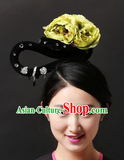 Chinese Classical Yangge Dance Hair Accessories Folk Dance Green Flowers Headwear for Women
