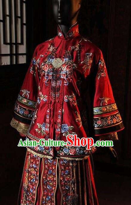 Traditional Chinese Qing Dynasty Young Mistress Embroidered Costume Red Xiuhe Suits for Women