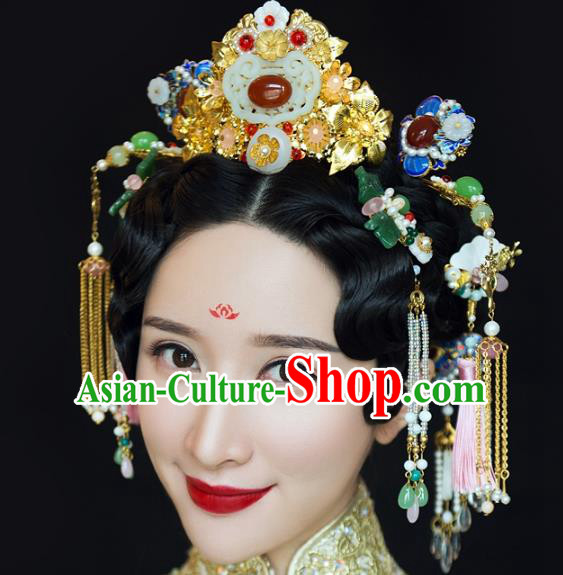 Chinese Handmade Classical Hairpins Ancient Wedding Jade Phoenix Coronet Headdress Complete Set for Women