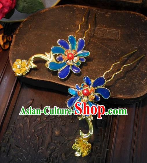 Chinese Handmade Classical Hair Accessories Ancient Wedding Headdress Blueing Lotus Hairpins for Women