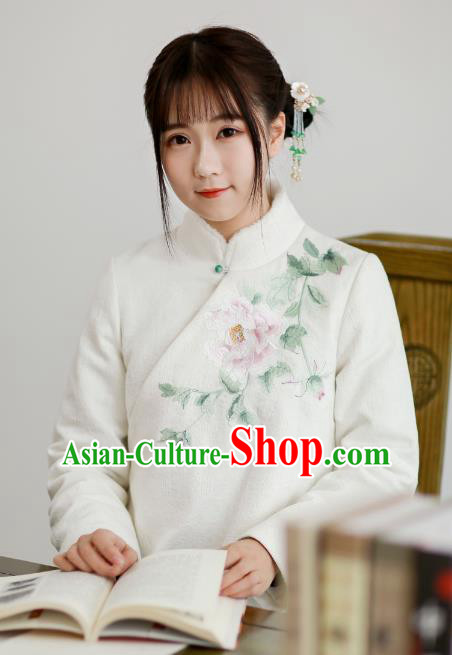 Traditional Chinese National Costume Cheongsam Blouse Tangsuit Embroidered Peony Coats for Women
