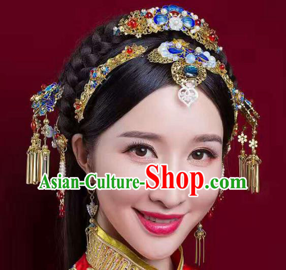 Chinese Handmade Classical Cloisonne Hair Accessories Ancient Wedding Headdress Phoenix Coronet Hairpins for Women