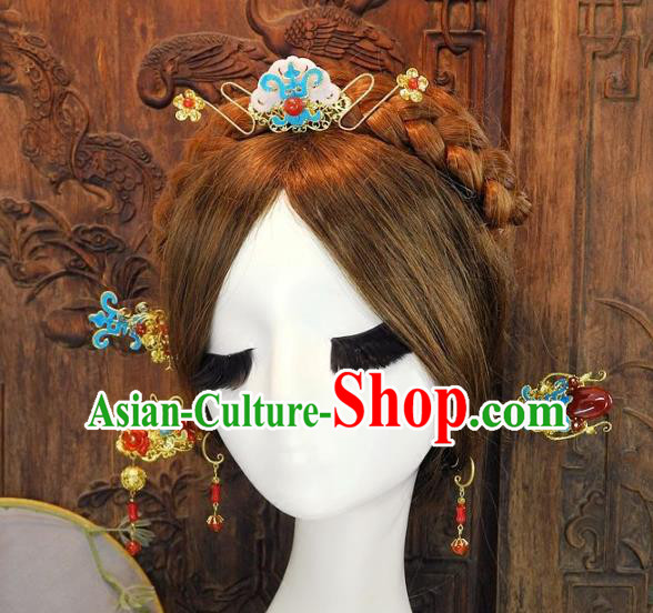 Chinese Handmade Classical Cloisonne Hair Accessories Ancient Wedding Jade Hairpins for Women