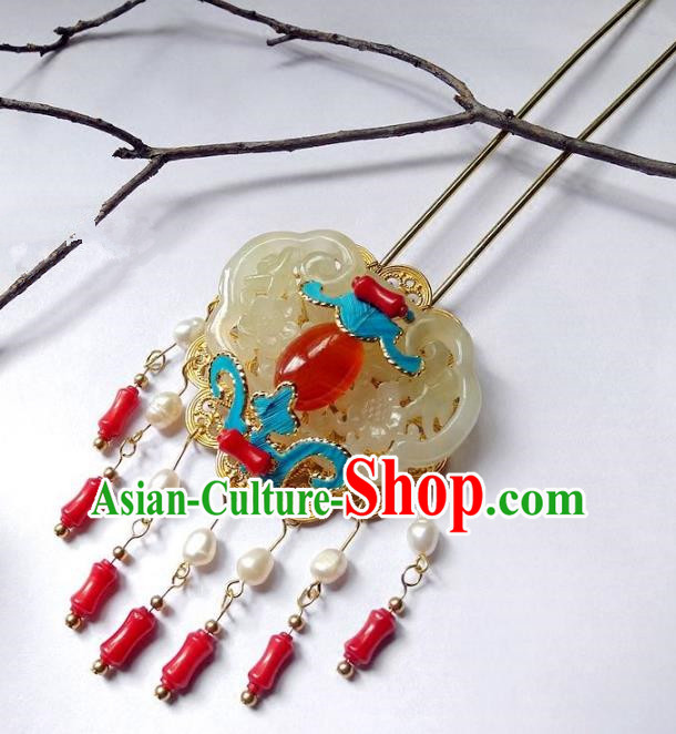Chinese Handmade Classical Cloisonne Hair Accessories Ancient Wedding Jade Tassel Hairpins for Women
