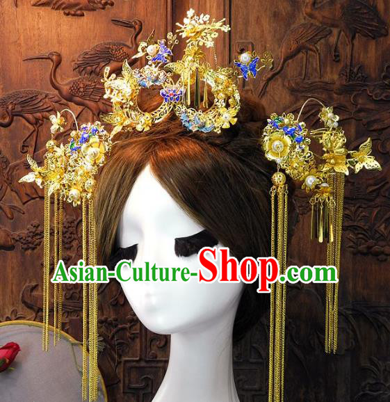 Chinese Handmade Classical Wedding Hair Accessories Ancient Bride Cloisonne Phoenix Coronet Complete Set for Women