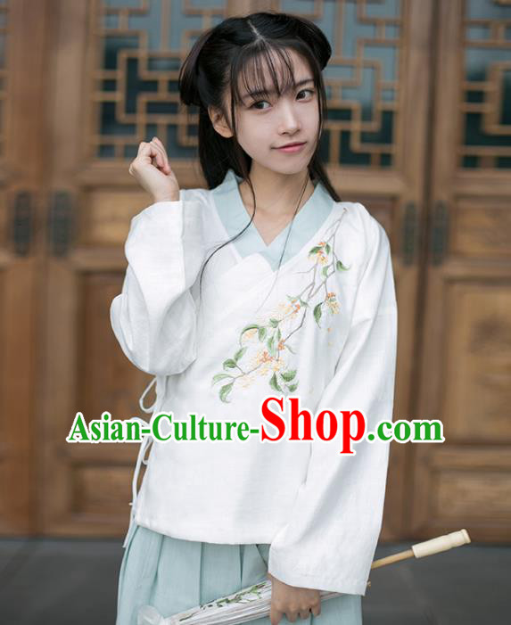 Traditional Chinese National Costume Embroidered Cheongsam White Blouse Tang Suit Hanfu Shirts for Women
