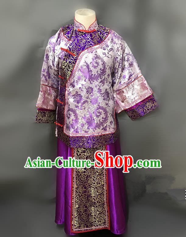 Traditional Chinese Qing Dynasty Young Mistress Costume Ancient Embroidered Purple Xiuhe Suit for Women