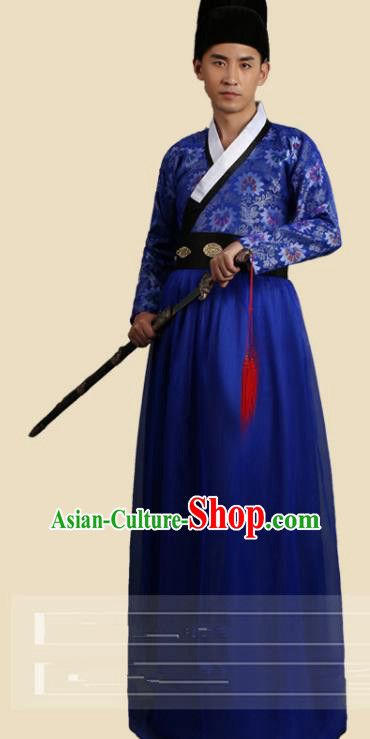 Traditional China Ancient Song Dynasty Imperial Bodyguard Costume Swordsman Deep Blue Robe Clothing for Men