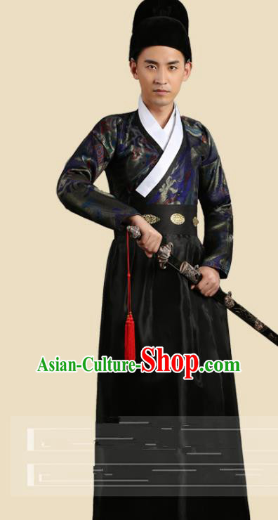 Traditional China Ancient Song Dynasty Imperial Bodyguard Costume Swordsman Black Robe Clothing for Men