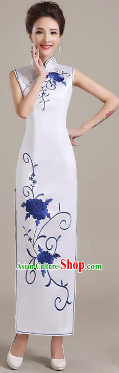 Traditional Chinese National Costume Printing Peony White Cheongsam Dress for Women