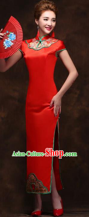 Traditional Chinese National Wedding Costume Red Long Cheongsam Dress for Women