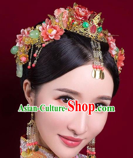 Chinese Handmade Classical Wedding Hair Accessories Phoenix Coronet Ancient Hanfu Bride Red Lotus Hairpins for Women