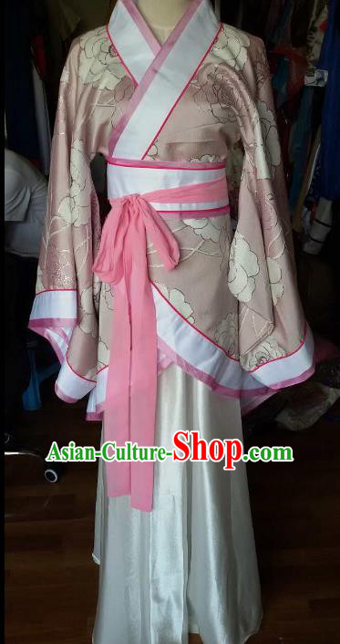 Traditional China Ancient Han Dynasty Royal Princess Costume Hanfu Pink Curving-front Robe for Women