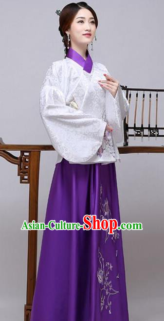 Traditional China Ancient Ming Dynasty Princess Costume Hanfu White Blouse and Purple Skirt for Women