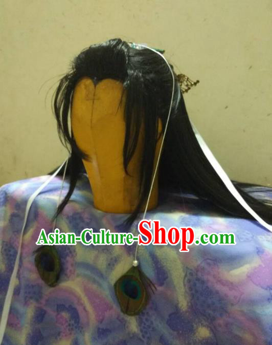 Traditional China Ancient Cosplay Swordsman Wig and Hair Accessories for Men
