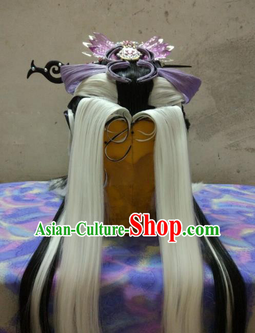Traditional China Ancient Cosplay Swordswoman Wig and Hair Accessories Headwear for Women