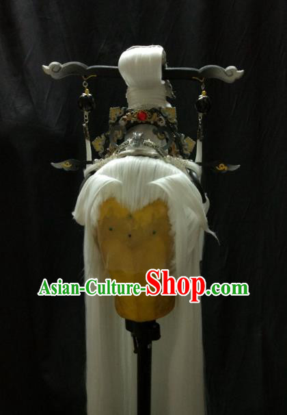 Traditional China Ancient Cosplay Immortal Swordsman Wig and Hair Accessories for Men