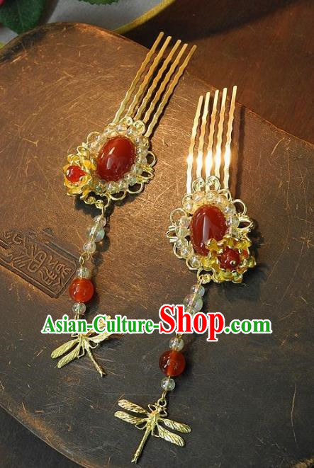 Chinese Handmade Classical Hair Accessories Ancient Wedding Hanfu Agate Hair Combs Hairpins for Women