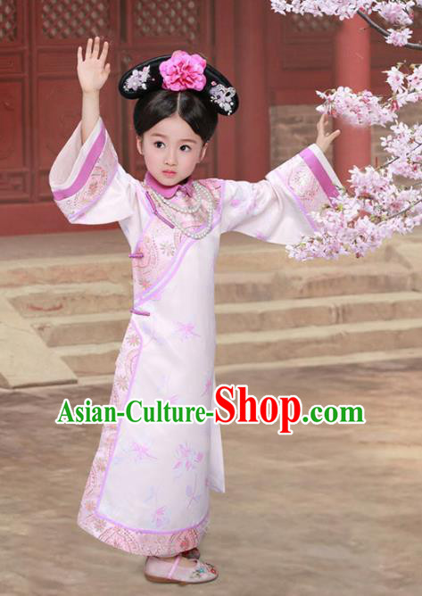 Traditional Chinese Qing Dynasty Manchu Palace Princess Costume and Headpiece for Kids
