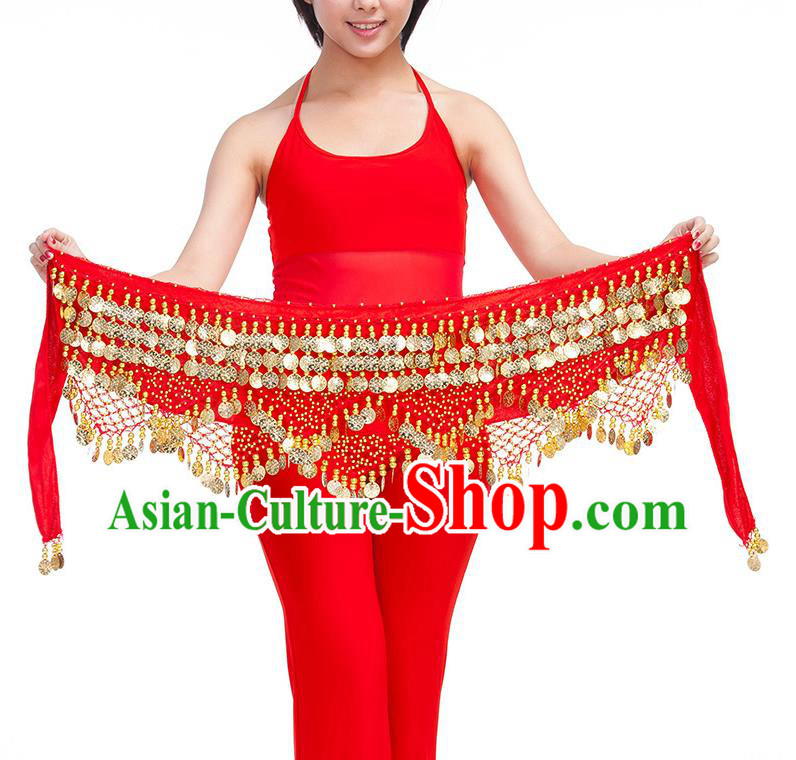 Asian Indian Belly Dance Golden Paillette Red Waistband Accessories India Raks Sharki Belts for Women