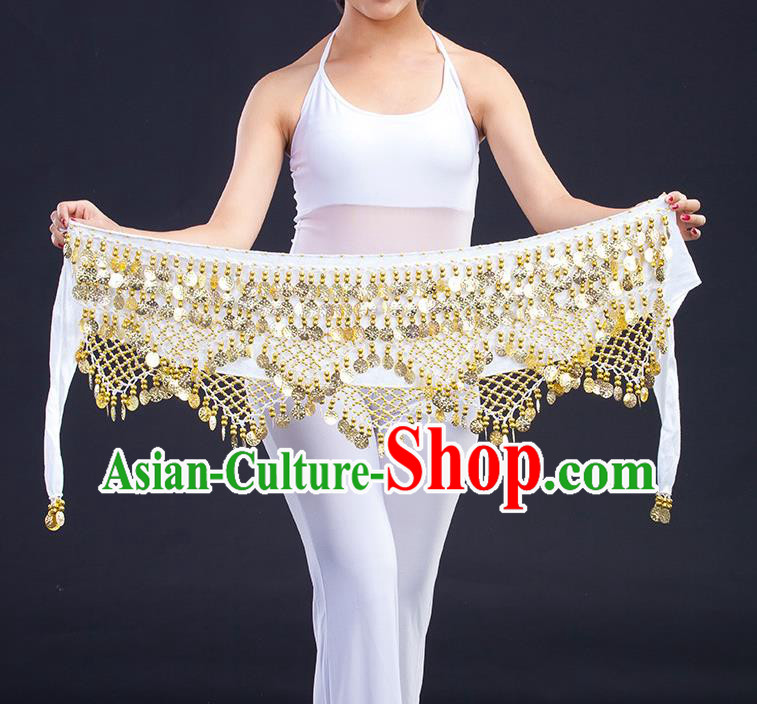 Asian Indian Belly Dance Golden Paillette White Waistband Accessories India Raks Sharki Belts for Women