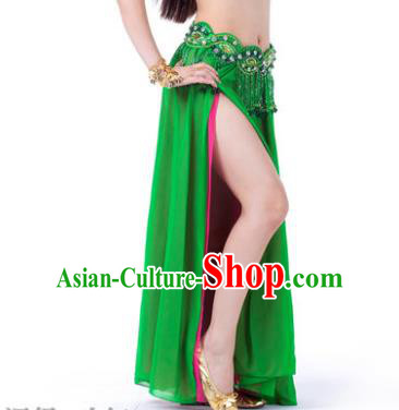 Asian Indian Belly Dance Costume Stage Performance Green and Rosy Skirt, India Raks Sharki Slit Dress for Women