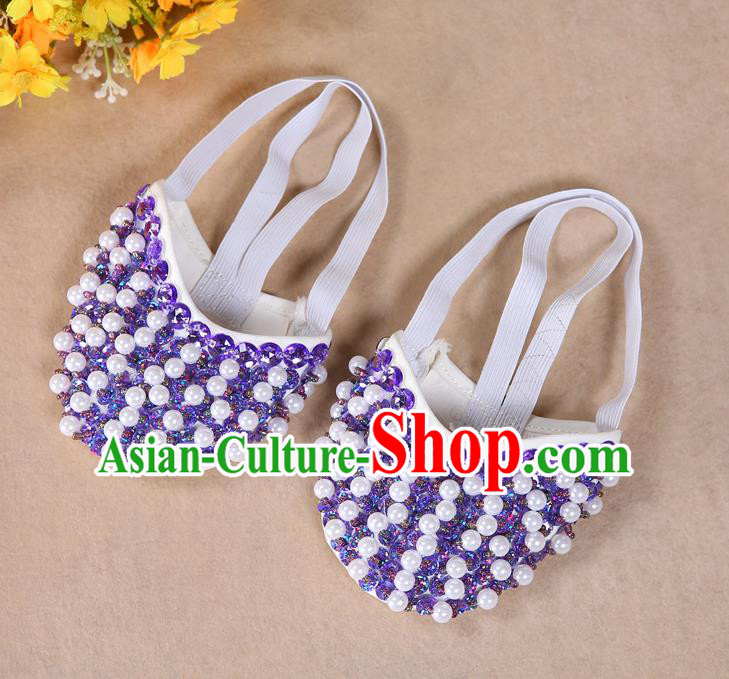 Asian Indian Belly Dance Shoes India Traditional Dance Light Purple Beads Soft Shoes for for Women