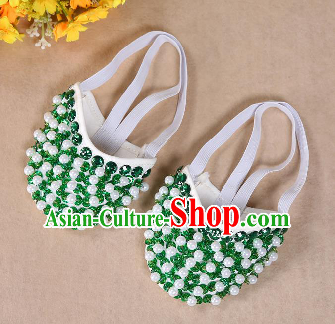 Asian Indian Belly Dance Shoes India Traditional Dance Green Beads Soft Shoes for for Women