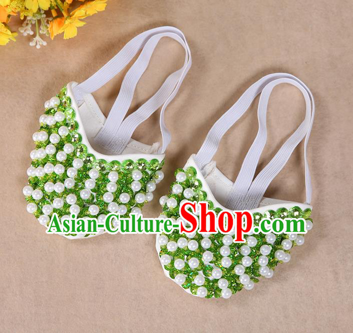 Asian Indian Belly Dance Shoes India Traditional Dance Light Green Beads Soft Shoes for for Women