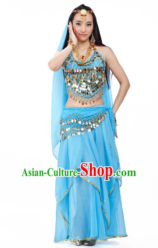 Asian Indian Belly Dance Blue Costume Stage Performance Outfits, India Raks Sharki Dress for Women