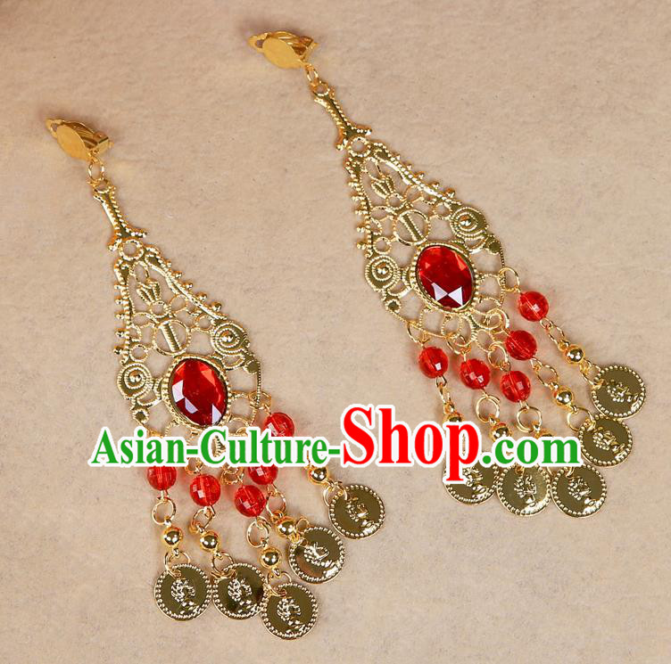 Asian Indian Belly Dance Tassel Accessories Red Crystal Earrings for Women