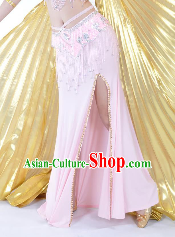 Top Indian Belly Dance Costume Pink Split Skirt, India Raks Sharki Clothing for Women