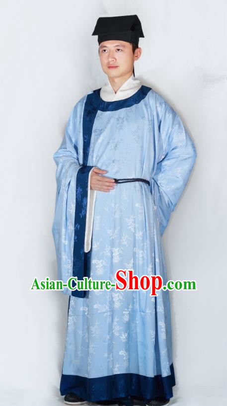 China Song Dynasty Scholar Hanfu Clothing Ancient Minister Blue Robe for Men
