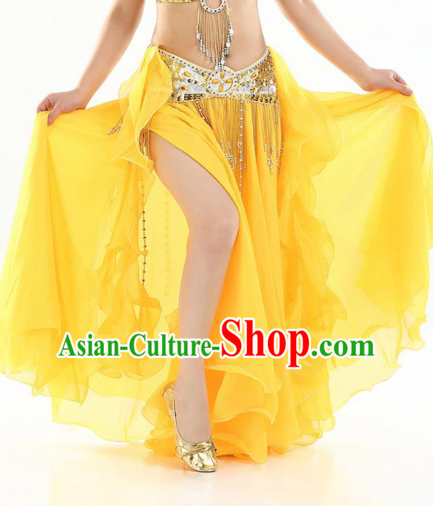 Top Indian Belly Dance Costume High Split Yellow Skirt Oriental Dance Stage Performance Clothing for Women