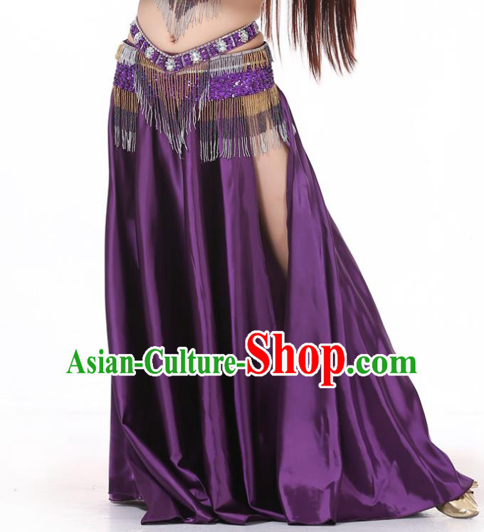 Indian Belly Dance Costume Bollywood Oriental Dance Purple Satin Skirt for Women
