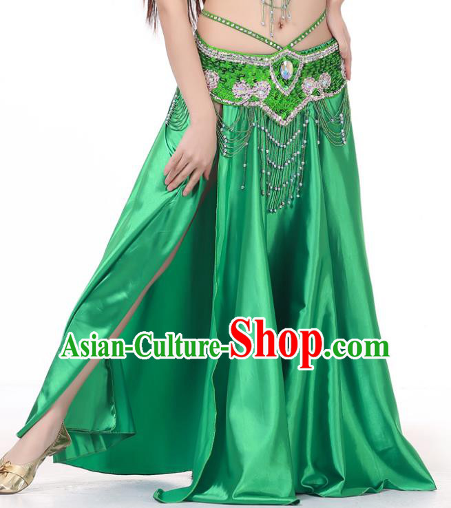 Indian Belly Dance Costume Bollywood Oriental Dance Green Satin Skirt for Women