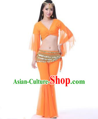 Asian Indian Belly Dance Training Orange Uniform India Bollywood Oriental Dance Clothing for Women