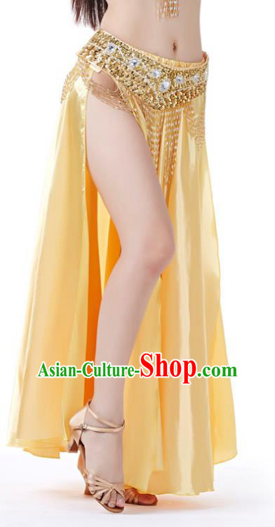 Indian Belly Dance Costume Bollywood Oriental Dance Light Yellow Satin Skirt for Women