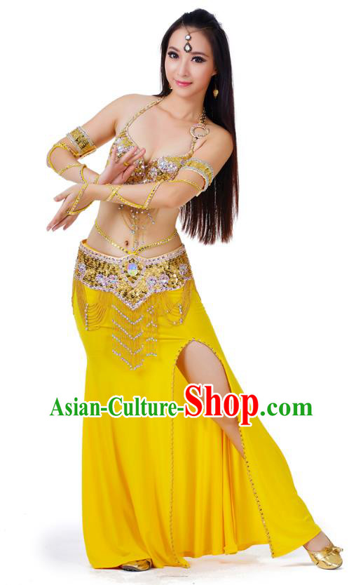 Indian Traditional Belly Dance Yellow Dress Asian India Sexy Oriental Dance Costume for Women