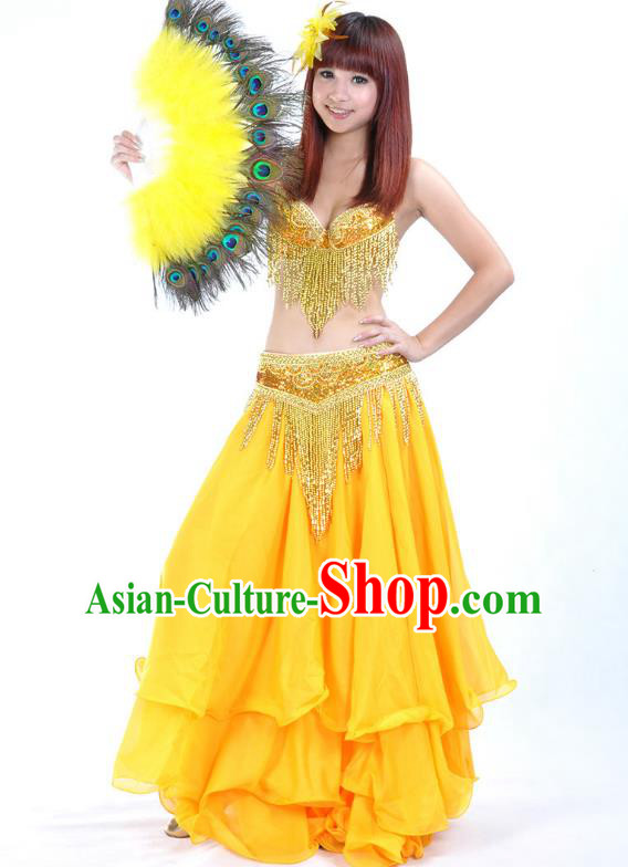 Indian Sexy Belly Dance Yellow Dress Clothing Asian India Oriental Dance Costume for Women
