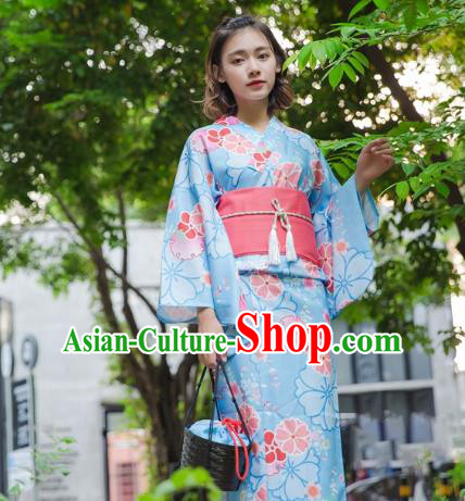 Asian Japanese Traditional Costumes Japan Kimono Blue Bathrobe Clothing for Women