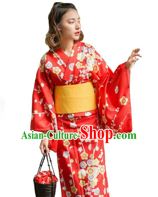 Asian Japanese Traditional Costumes Japan Kimono Red Wedding Clothing for Women