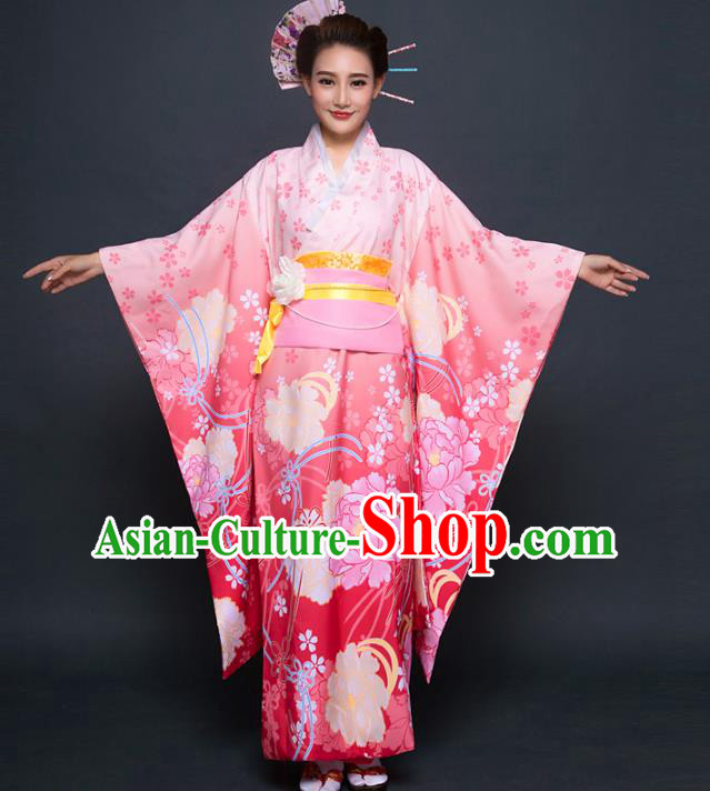 Asian Japanese Traditional Costumes Japan Printing Pink Furisode Kimono Yukata Dress Clothing for Women