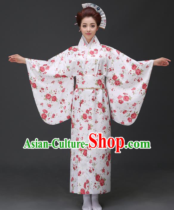 Asian Japanese Traditional Costumes Japan Printing Rose White Furisode Kimono Yukata Dress Clothing for Women