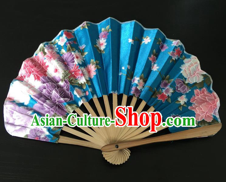Asian Traditional Folding Fans Kimono Printing Blue Satin Fans Dance Fan for Women