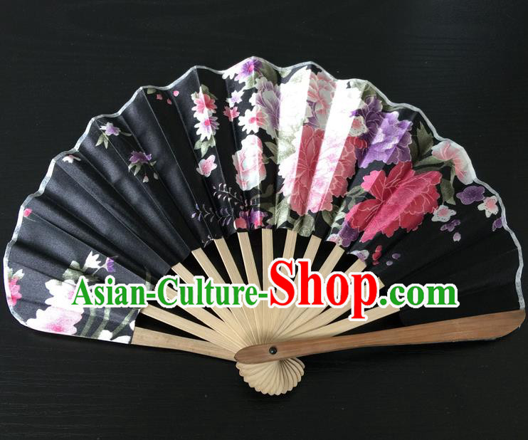 Asian Traditional Folding Fans Kimono Printing Black Satin Fans Dance Fan for Women