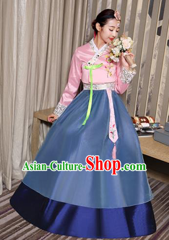 Asian Korean Dance Costumes Traditional Korean Hanbok Clothing Embroidered Pink Blouse and Blue Dress for Women